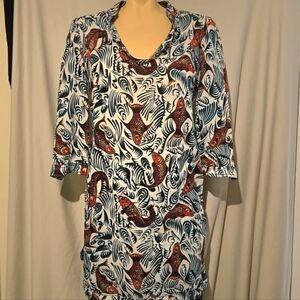 Tory Burch Koi Print Tunic Dress Beach Cover-up Tunic | Blue Red | Womens